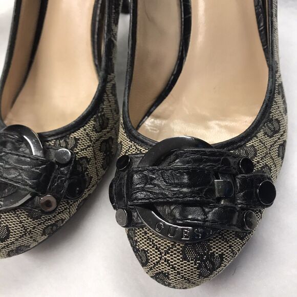GUESS Jaquard Women Kitten Heel Black Tan Sz  7.5 Buckle Logo Shoe Studs Y2k Vtg - Picture 7 of 8